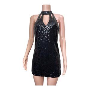 Aakaa Women Small Black Sequined Mini Dress Cocktail -Night Party -Festive Dress